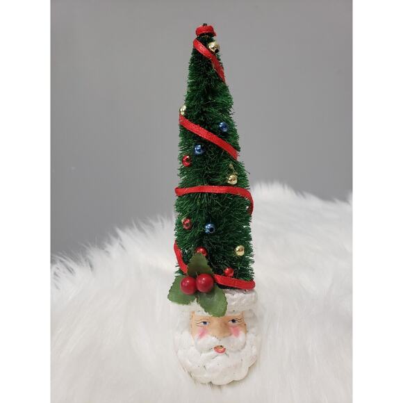 Santa Head Bottle Brush Tree Christmas Ornament Vintage Kitschy Retro Decor - Picture 1 of 4